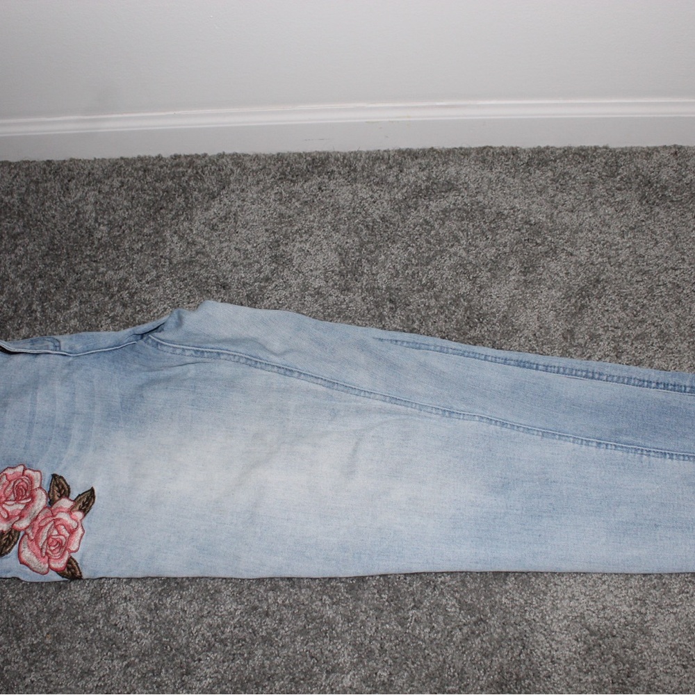 Westport Light Blue Skinny Jeans with Pink Floral Embroidery